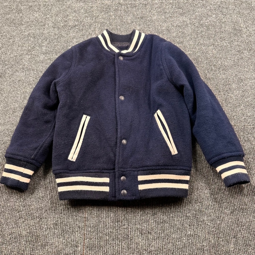 Gap Kids Varsity Jacket Boys XS Wool Blend Striped Trim Navy Blue School
